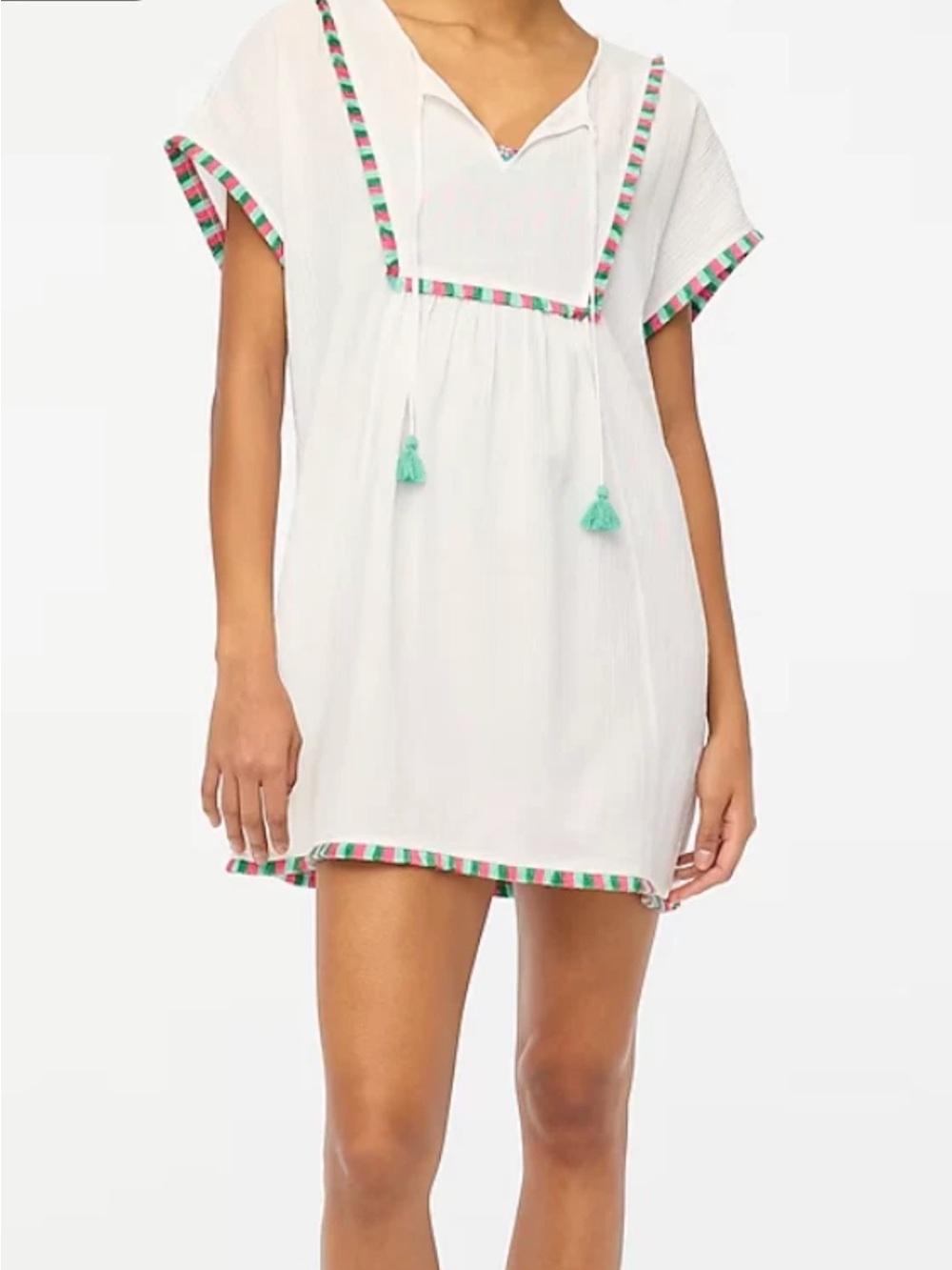 J. Crew White Beach Tunic with Pink & Mint Trim and Tassel Ties